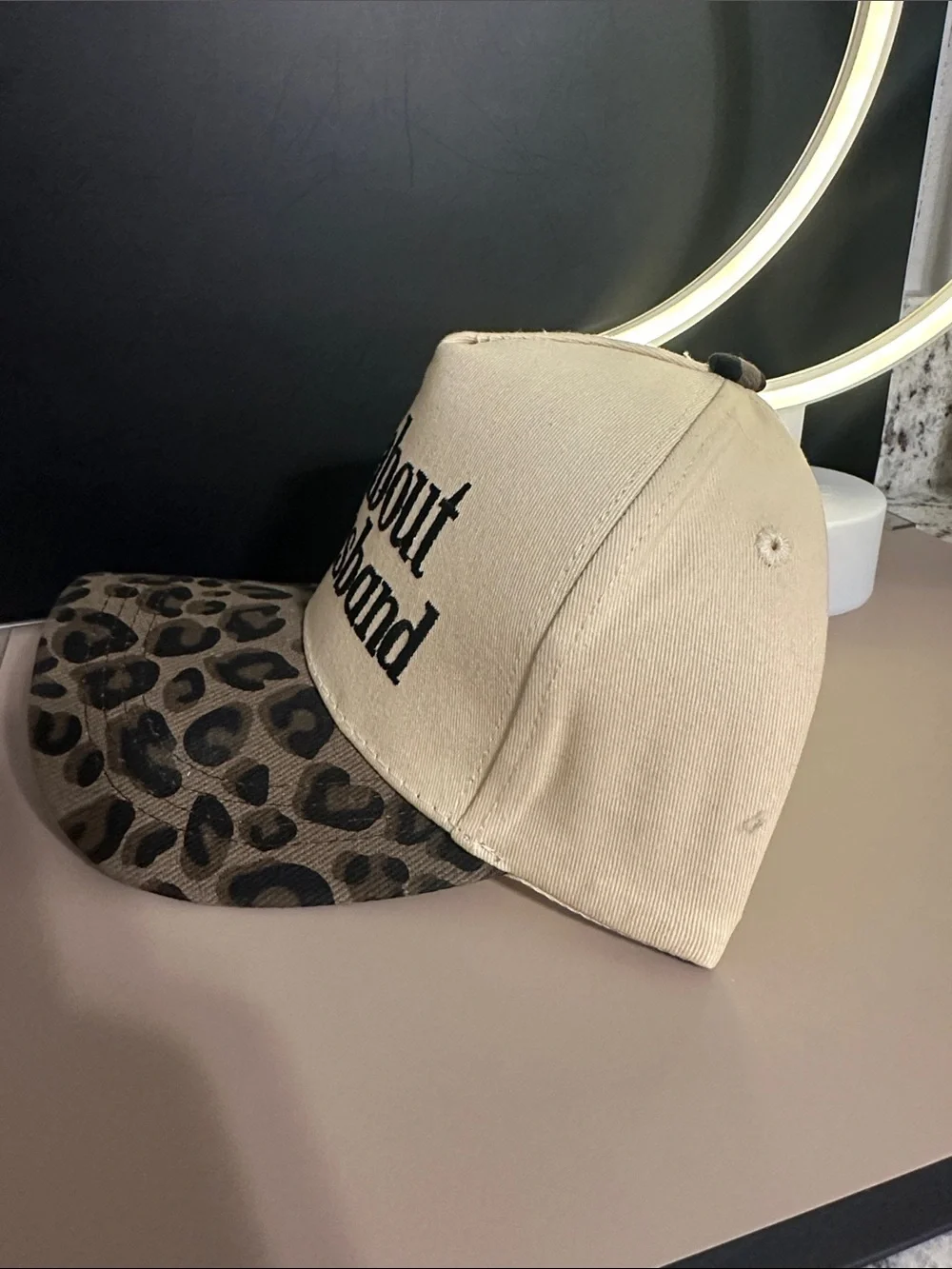 Sorryabout My Husband Leopard Brim Trucker Hat- Beige & Brown